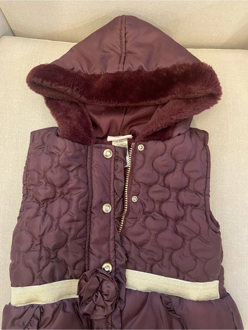 Little Lass Plum Quilted Puffer Vest with Cream Waistband
